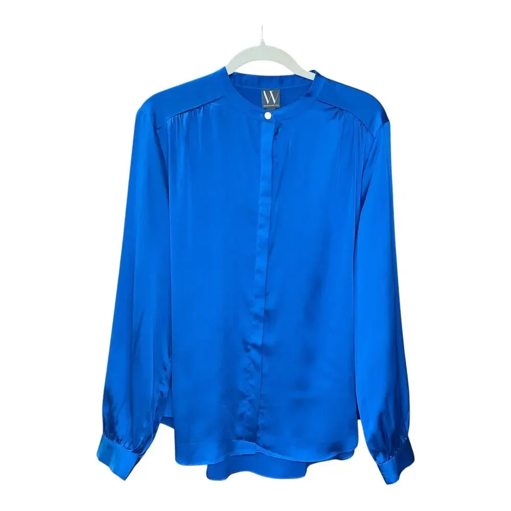 Worthington Satin Teal Blue Button-Up Blouse Women’s Large Long Sleeve - Picture 7 of 8